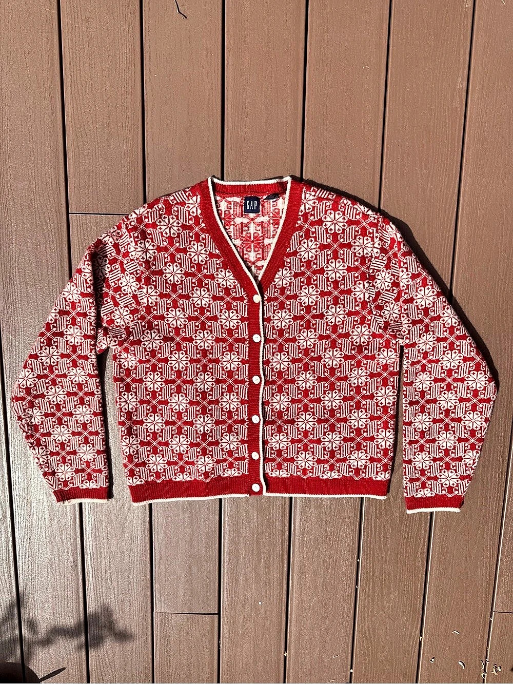 Gap Nordic Knit Floral Cardigan Vintage 90’s Wool Sweater Red Cream Size Large